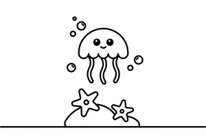 A jellyfish floating among rising bubbles over a rock with starfish – Glowing Jellyfish coloring page