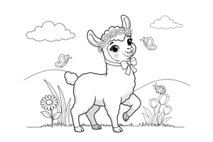 A baby llama in a flower meadow – Llama coloring page
