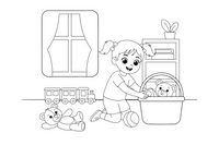 A girl helping to tidy up toys before evening – Daily Routine Activities coloring page