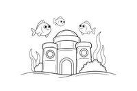 An underwater palace made of amber blocks with fish swimming around – Lietuviškos pasakos coloring page