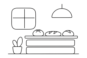 A bakery shelf lined with loaves of bread – Cozy Bakery Place coloring page