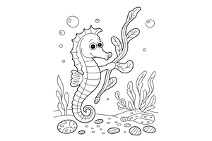 A seahorse holding onto a tall blade of seaweed with its curly tail – Playful Seahorse coloring page