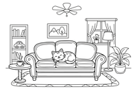A sofa with cushions and a cat sleeping on it – Around the House Object coloring page