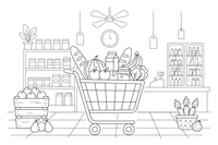 One big shopping cart full of food – Cozy Grocery Store coloring page