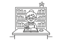A librarian stamping a book at the desk – Cozy Library Place coloring page