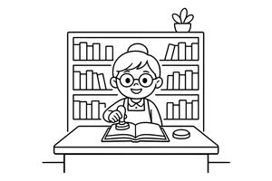 A librarian stamping a book at the desk – Cozy Library Place coloring page