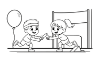 Children running a relay race passing a baton – Sports Day coloring page