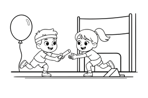 Children running a relay race passing a baton – Sports Day coloring page