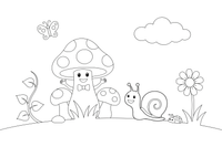 A mushroom with grass and a snail beside it – Mushroom Garden coloring page