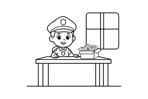 A police officer at a desk with a box of donuts – Glazed Donut Sweets coloring page