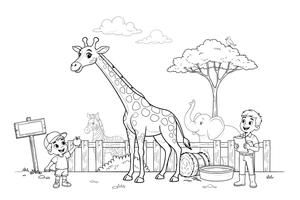A giraffe reaching over a zoo fence – Zoo Day coloring page