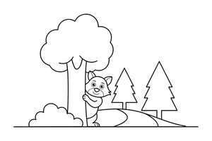 The wolf peeking out from behind a tree, watching the path – Little Red Riding Hood Story coloring page