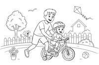 A dad teaching a child to ride a bike – Happy Family Moments coloring page