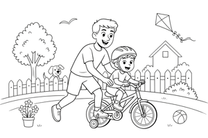 A dad teaching a child to ride a bike – Happy Family Moments coloring page