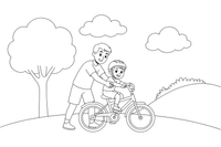 A dad teaching a child to ride a bike – Happy Family Moments coloring page