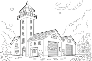 A fire station with a tall watchtower – Fire Station coloring page