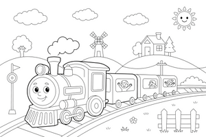 Steam Train chugging down the tracks – Steam Train Engine Scenes coloring page