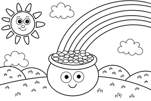 A pot of gold at the end of a rainbow on the green hills – St. Patrick's Day coloring page