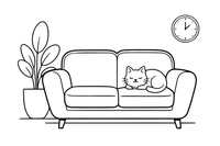 A sofa with cushions and a cat sleeping on it – Around the House Object coloring page