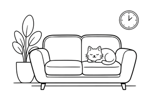 A sofa with cushions and a cat sleeping on it – Around the House Object coloring page