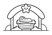 A little nativity scene with baby Jesus in the hay and a star above – Christmas Eve coloring page