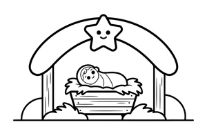 A little nativity scene with baby Jesus in the hay and a star above – Christmas Eve coloring page