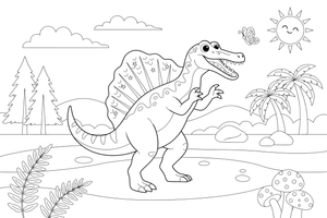 Spinosaurus hunting in the forest – Spinosaurus Dinosaur in Nature coloring page