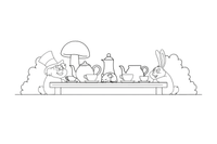 A funny tea party with a long table full of teapots and cups – Alice in Wonderland Story coloring page