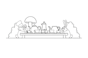 A funny tea party with a long table full of teapots and cups – Alice in Wonderland Story coloring page