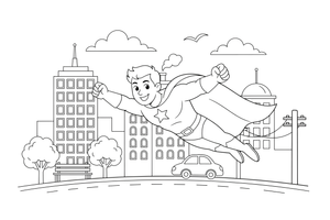 A superhero flying over the city – Superhero coloring page