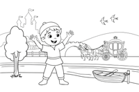The miller's son standing by the river as the royal carriage passes – Puss in Boots Story coloring page