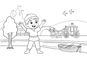 The miller's son standing by the river as the royal carriage passes – Puss in Boots Story coloring page