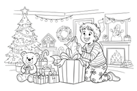 A child unwrapping a big gift with a happy surprise – Christmas Winter Festivities coloring page