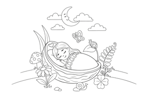 Thumbelina sleeping in a walnut-shell bed with a petal blanket – Thumbelina Story coloring page