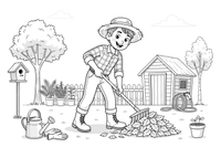 A gardener raking leaves into a pile – Garden & Gardening coloring page