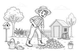 A gardener raking leaves into a pile – Garden & Gardening coloring page