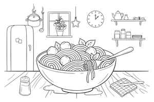 One big bowl of spaghetti up close – World Food Delights coloring page