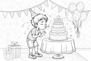 A child blowing out the candles on a birthday cake – Birthday Cake Wishes coloring page