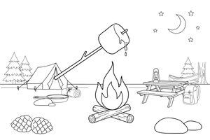 A marshmallow on a stick over the fire – Essential Camping Gear coloring page