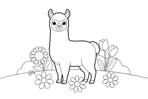 A baby llama in a flower meadow – Llama coloring page
