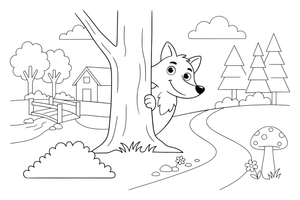 The wolf peeking out from behind a tree, watching the path – Little Red Riding Hood Story coloring page
