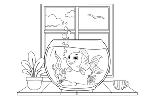 A goldfish blowing bubbles in its bowl – Goldfish coloring page