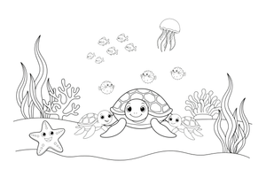 A mother sea turtle swimming with two little baby turtles – Gentle Sea Turtle coloring page