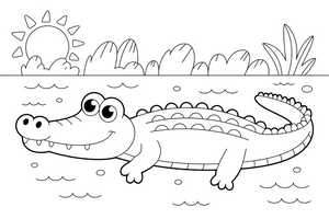 A crocodile floating in the river with just its eyes and back showing – Reptiles & Amphibians coloring page