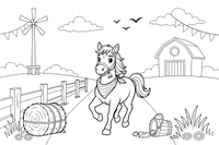 Horse trotting down a country lane – Galloping Horse Farm coloring page