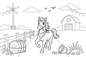 Horse trotting down a country lane – Galloping Horse Farm coloring page