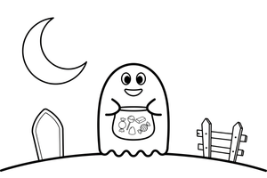 A ghost holding a bag of candy – Halloween Ghost coloring page