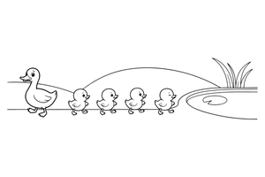 A mother duck leading a line of little ducklings to the pond – The Ugly Duckling Story coloring page