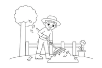 A gardener raking leaves into a pile – Garden & Gardening coloring page