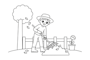 A gardener raking leaves into a pile – Garden & Gardening coloring page